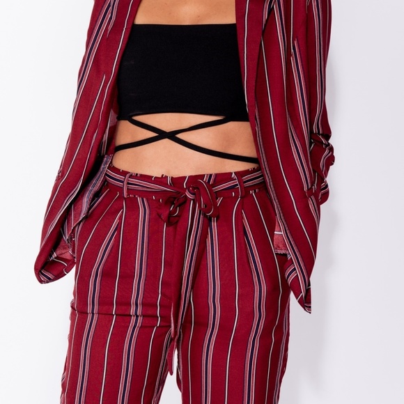 SALE! Burgundy Striped High Waist Straight Pants - Picture 8 of 9